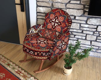 Kilim Pattern Print Rocking Chair Upholstered, Wooden Glider Armchair, Bohemian Living Room Decor, Unique Accent Furniture, Boho Home Decor