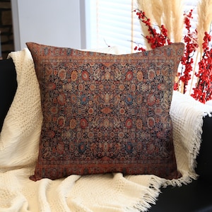 Vintage Anatolian-Style Square Throw Pillow With Ornate Carpet Pattern, Dark Red, Brown, Blue, And Gold Floral Motifs On Soft Fabric, Pillow