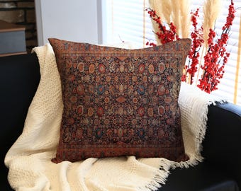 Vintage Anatolian-Style Square Throw Pillow With Ornate Carpet Pattern, Dark Red, Brown, Blue, And Gold Floral Motifs On Soft Fabric, Pillow