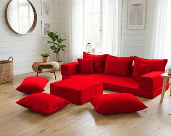 Custom Velvet Floor Sofa, Luxury Modular Seating Set, Modern Modular Living Room Seating, Modern Low Couch Set, L Shaped Velvet Floor Sofa