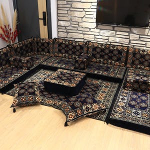 Ensemble de canapés turcs, ENSEMBLE COMPLET en forme de U, coussin de sol ottoman, canapé du Moyen-Orient, sièges Majlis, oreiller à motif kilim, sièges de style marocain
