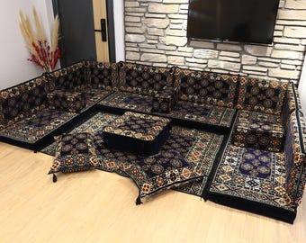 Turkish Sofa Set, U-shaped FULL SET, Ottoman Floor Pillow, Middle Eastern Sofa, Majlis Seating, Kilim Pattern Pillow, Moroccan Style Seating