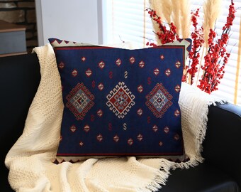 Blue Decorative Kilim Pillow with Symmetrical Geometric Pattern, Cozy and Stylish Accent Cushion for Sofa, Bed, or Boho-Inspired Spaces