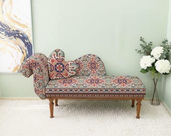 entryway bench, tapestry fabric, wooden leg sofa, patterned ottoman, fabric daybed, kilim rug sofa, unique accent piece,