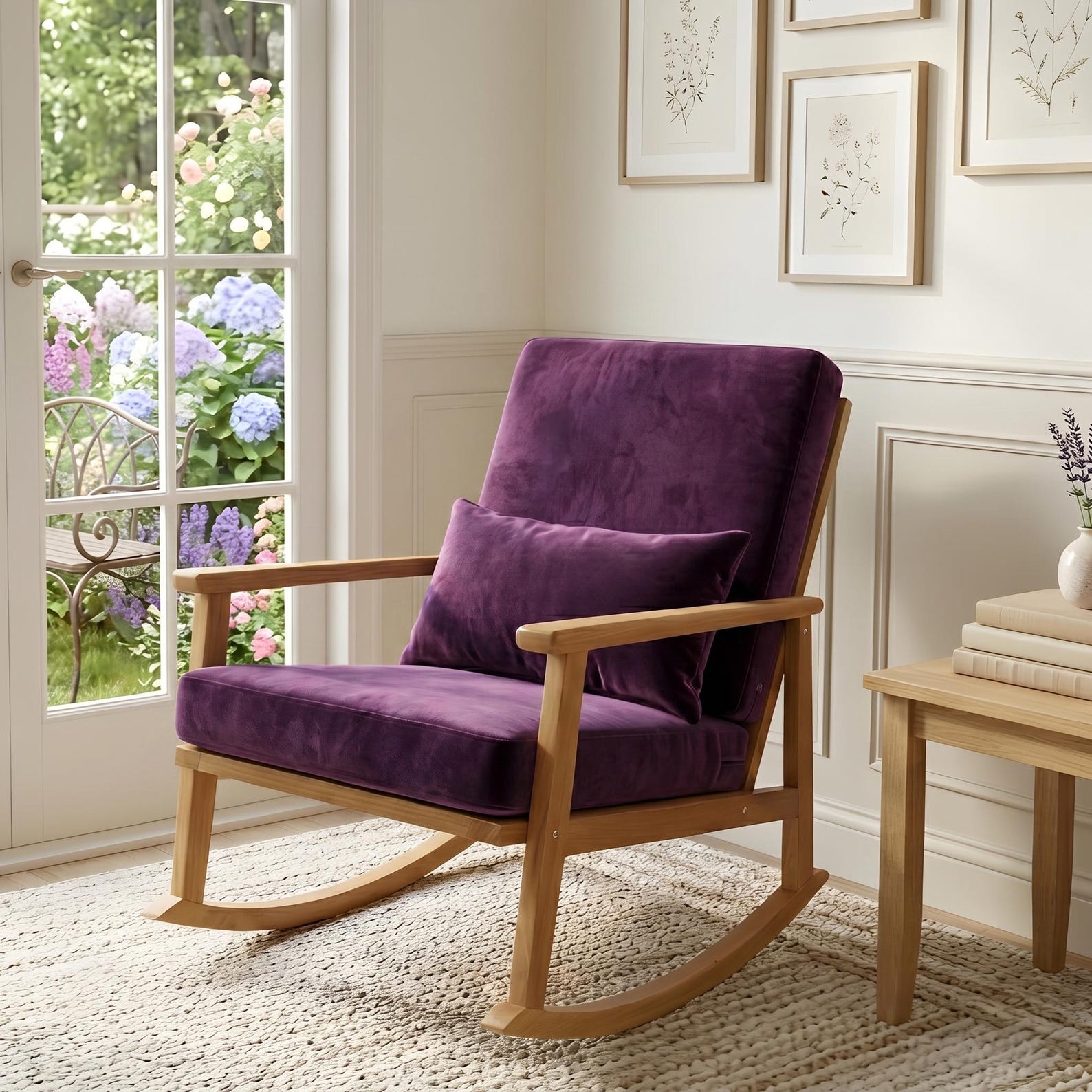 Purple home - Minimalist Purple Velvet Rocking Chair, Cozy Bedroom Accent Chair 