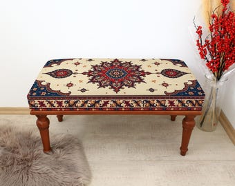 Banco otomano bohemio, banco tapizado con alfombra, banco para el pie de la cama, banco para sala de estar, banco de entrada, banco rústico de entrada, sofá lounge