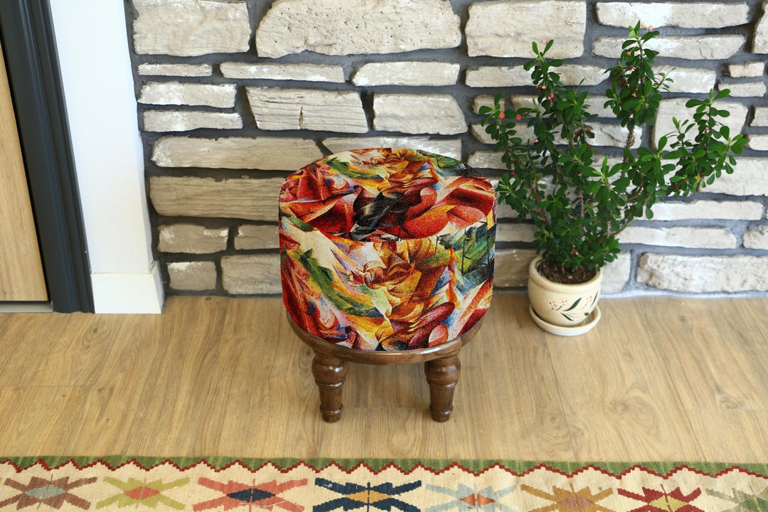 Pattern Ottoman With Patterned Rug Handmade Rustic Ottoman Furniture, Round Seat, Turkish Rug Pattern ...