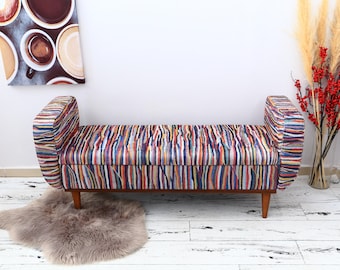 Living room chaise, Bohemian sofa, Single sofa, Chaise lounge sofa, Retro sofa couch, Handmade furniture, Storage furniture, Striped Bench