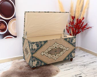 Kilim Design Storage Bench, Home Organizer, Eco-Friendly Textile Storage, Colorful Decorative Basket, Functional Decor Ottoman Bench, Poufs