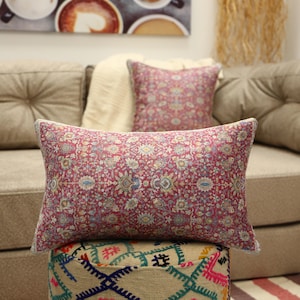 Ethnic Kilim Pillow Cover, Vibrant Pink and Multi-Color Floral Pattern, Decorative Boho Cushion for Home Decor, Retro Pillow Cover