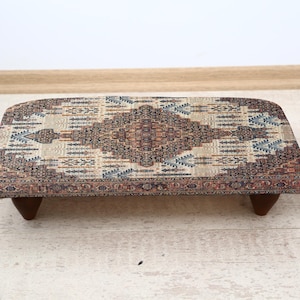 Cozy Rug-Designed Footstool, Soft Upholstered Ethnic Ottoman,  Bedroom or Entryway Seating, Bohemian Style Decorative Footrest, Boho Stool