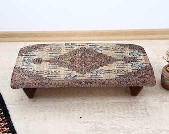 Cozy Rug-Designed Footstool, Soft Upholstered Ethnic Ottoman,  Bedroom or Entryway Seating, Bohemian Style Decorative Footrest, Boho Stool