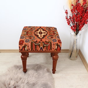 Square Ottoman Upholstered Bench, Handmade Square Stool, Hand-Woven Vintage Turkish Hemp Kilim Rug Ottoman Furniture,