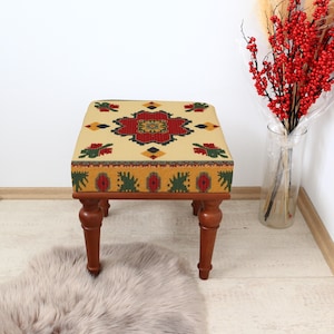 Square Ottoman Upholstered Bench, Handmade Square Stool, Hand-Woven Vintage Turkish Hemp Kilim Rug Ottoman Furniture,