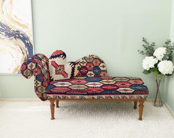 tribal decor, new home gift, woven chaise lounge, multi color sofa, handcrafted bench, boho gift idea, custom upholstered,