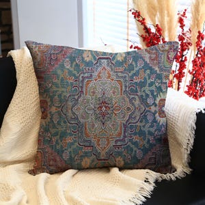 Vintage Rug Pattern Cushion, Dark Muted Green Blue Orange Purple Pillow, Classic Style Decorative Accent, Bohemian Home Decor
