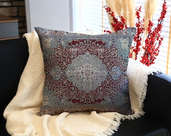 Throw Pillow with Detailed Oriental Rug Design Featuring a Blue-Gray Center and Burgundy Floral Border, Cozy Kilim Pillow for Sofa or Bed