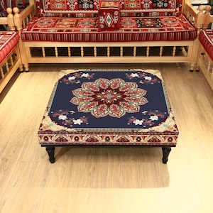 Anatolian Rug Style Blue Ottoman with Medallion Pattern, Square Decorative Footstool or Table for Boho, Vintage, or Classic Interior Spaces
