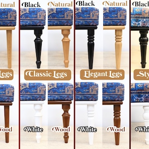 K&ouml;nnte beinhalten: Acht verschiedene Beinstile f&uuml;r eine Bank oder einen Ottoman. Die Beine sind in vier verschiedenen Ausf&uuml;hrungen gezeigt: Schwarz, Naturholz, Wei&szlig; und Holz. Der Text "Modern Legs", "Classic Legs", "Elegant Legs" und "Stylish Legs" wird unter jedem Beinsatz angezeigt.