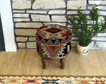 Taburete otomano, banco Kilim anatolio marrón, puf redondo tapizado, reposapiés de madera, decoración turca, regalo para el hogar de inspiración vintage, banco