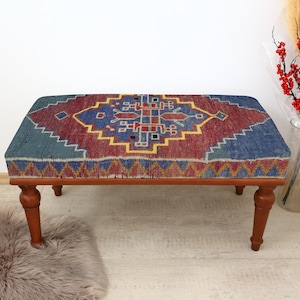 Floral Pattern Bench, Coffee Bench, Ottoman Bench, Upholstered Bench, Turkish Rug Bench, Kilim Bench, Home Decor Bench, Handmade Bench