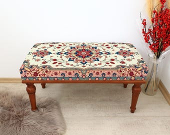 Upholstered Hall Bench, Boho Piano Bench, Wooden Shoe Bench, Dining Chair, Unique Rustic Bench, Ottoman for Home Decor, Make Up Bench