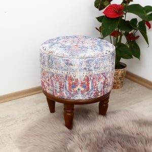 Kilim Design Footstool Bench, Entryway Ottoman And Dressing Table Seating, Round Pouf Chair for Living Room & Kitchen Decor, Yoga stool