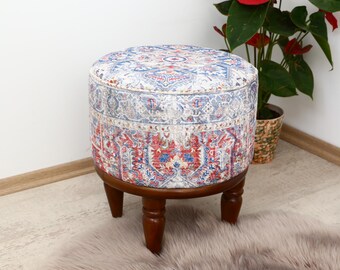 Kilim Design Footstool Bench, Entryway Ottoman And Dressing Table Seating, Round Pouf Chair for Living Room & Kitchen Decor, Yoga stool