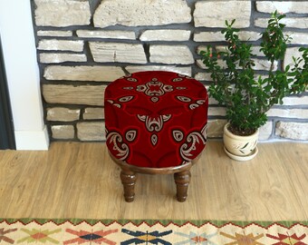 Anatolian Round Ottoman, Red Kilim Upholstered Stool, Turkish Rug Footstool, Wood Bench, Oriental Pouf, Circle Bench
