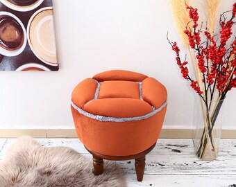 Upholstered Footstool, Dressing Table Bench, Vanity bench, Pouf legs, Floor Chair, Entry Bench, Pouf Ottoman, Foot Rest Stool,  orange poof