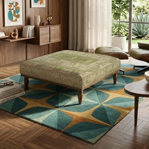 Banco estofado com estampa Kilim, estilo boho vintage, otomano quadrado de 91 x 91 cm.