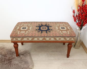 Turkish Kilim Bench Stylish Bench, Rustic Home Decor Bench, Nomadic Rug Design Bench, Handmade Wooden Legs Bench, Retro Style Ottoman Bench