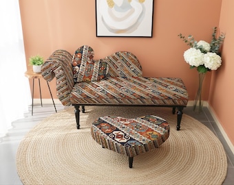 heart decor, upholstered bench, seating bench, patterned daybed, handcrafted bench, window seat, eclectic home,