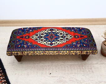 Ethnic Oriental Patterned Footstool, Middle Eastern Inspired Upholstered Footseat, Tribal Kilim Accent for Entryway or Living Room Decor