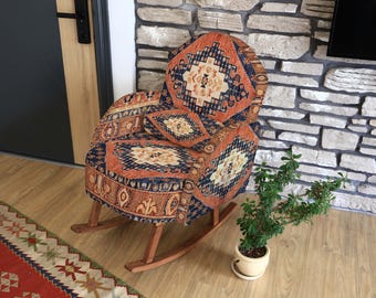 Upholstered Rocking Chair, Unique Wood Rocker, Handmade Chair, Bohemian Nursery Chair, Boho Rocking Chair, Custom Reading Chair, Home Decor