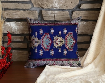 Decorative Kilim Pillow with Intricate Geometric and Floral Pattern on Blue Background, Elegant Cushion for Sofa, Bed, or Boho Interiors