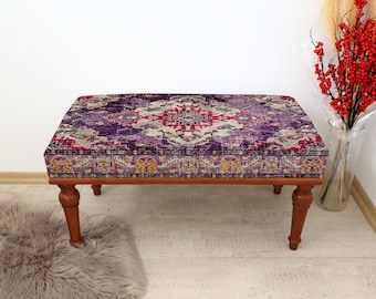 Purple Medallion Ottoman with Pink and Gray Floral Pattern, Rectangular Bench with Dark Turned Legs, Vintage Stylish Boho Accent Furniture