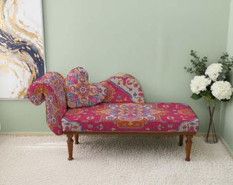 funky furniture, unique shape chair, patterned chaise, divan sofa bench, bohemian couch, chaise lounge, seating bench, lounge bench