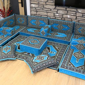 Sièges de canapé arabe de couleur bleue, tapis Majlis du Yémen, ENSEMBLE COMPLET en U, meubles de jardin, ensemble de canapés en L, canapé marocain, canapé ottoman oriental