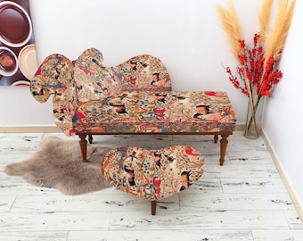Modern Loveseat, Chaise Lounge Chair, Upholstered Sofa with footstool, Reclining Bench, Kilim Upholstered Bench, Ottoman Bench for Stylish