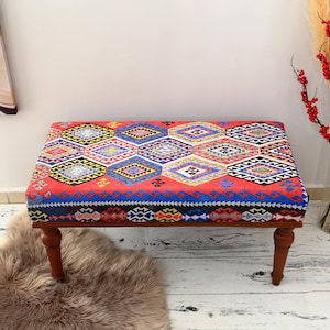 Turkish Rug Bench, Handmade Dining Table Bench, Turkish Rug Long Bedroom Ottoman Bench &quot;, Wood Bench, Sitting bench, Farmhouse Bench