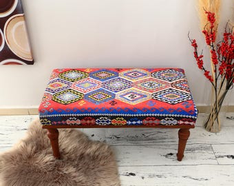 Turkish Rug Bench, Handmade Dining Table Bench, Turkish Rug Long Bedroom Ottoman Bench ", Wood Bench, Sitting bench, Farmhouse Bench