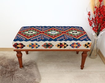 Handmade Wood Work Bench, Upholstered Ottoman Bench, Bedroom Bench, Dining Bench, Pink Turkish Rug Bench 18x18x36",Sitting bench,Piano Bench