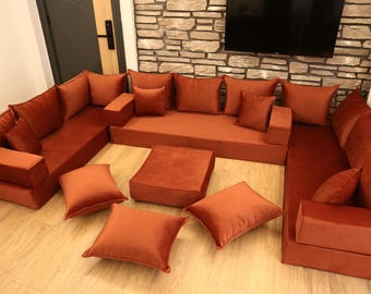 Custom Living Room Sofa, Modern Floor Sofa Velvet, Modular Cushion Seating, Arabic Style Velvet Floor Sofa, Luxury Modular Set