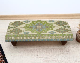 Turkish Rug Pattern Inspired Footstool with Wooden Frame, Handwoven Kilim Upholstery, Bohemian Ottoman for Entryway or Bedroom Decor