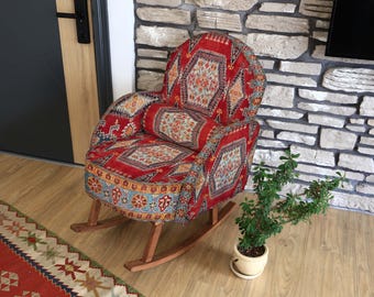 Upholstered Bohemian Accent Armchair, Unique Oriental Print Wooden Glider, Turkish Rug Print Fabric Rocker, Nursery Glider, Home Decor Gift