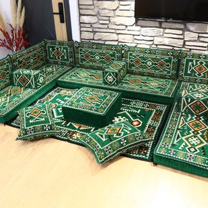 Green Arabic Majlis Floor Sofa Set, U FULL Set, Traditional Carpet Style Cushions with Rug, Ottoman Sofa Seating for Living Room, Tea Corner