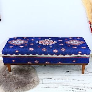Trunk Coffee Table, sOttoman, Hallway Bench, Entryway Bench, Bedroom Organizer, Footstool, Vintage Rug Bench, Clothes Storage, Blue Bench