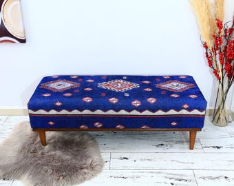 Trunk Coffee Table, sOttoman, Hallway Bench, Entryway Bench, Bedroom Organizer, Footstool, Vintage Rug Bench, Clothes Storage, Blue Bench