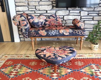 Floral Rug Upholstered Loveseat Chaise, Oriental Lounge Chair, Upholstered Sofa with Footstool, Reclining Bench, Bedroom Bench with table